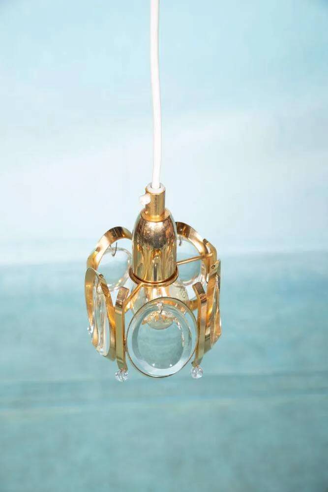 Vintage brass and crystal suspension Palwa, mid-century suspension.