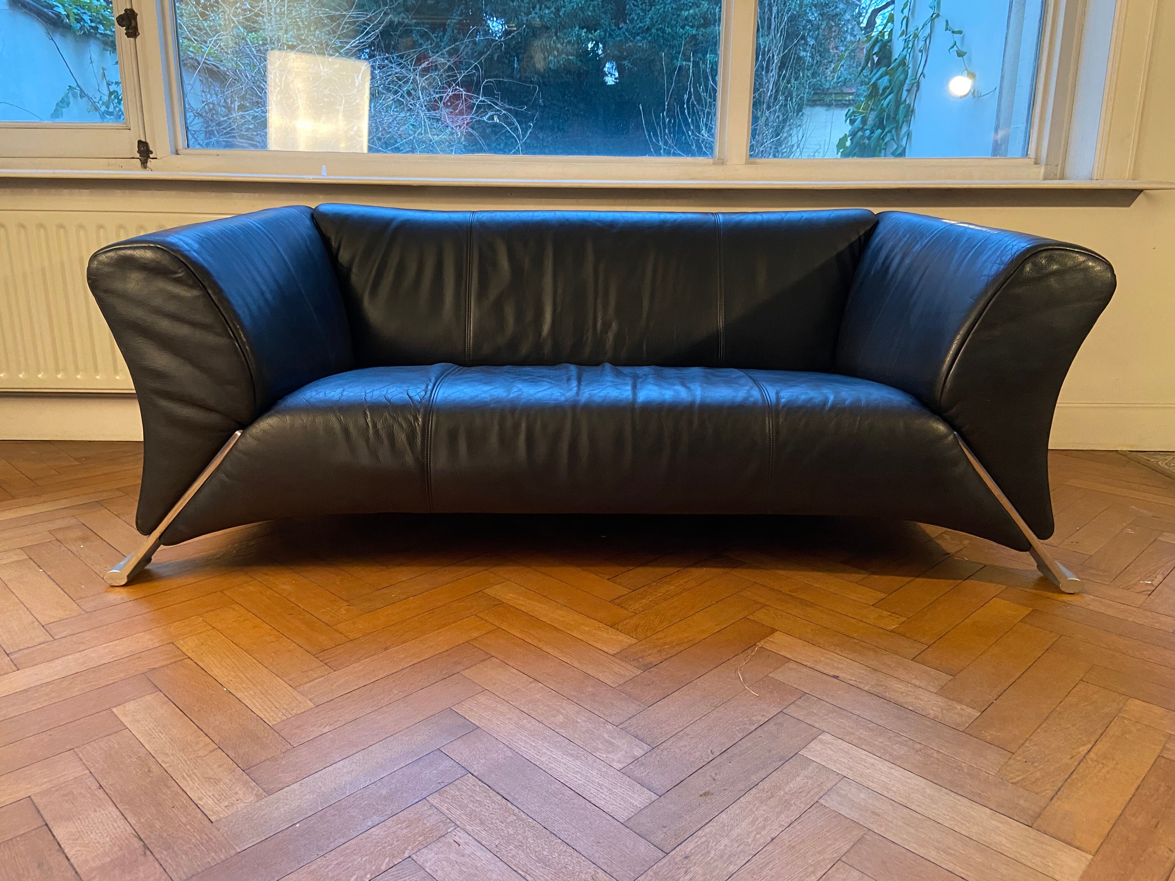 Rolf Benz 2-seater black leather sofa, Germany, 1980s