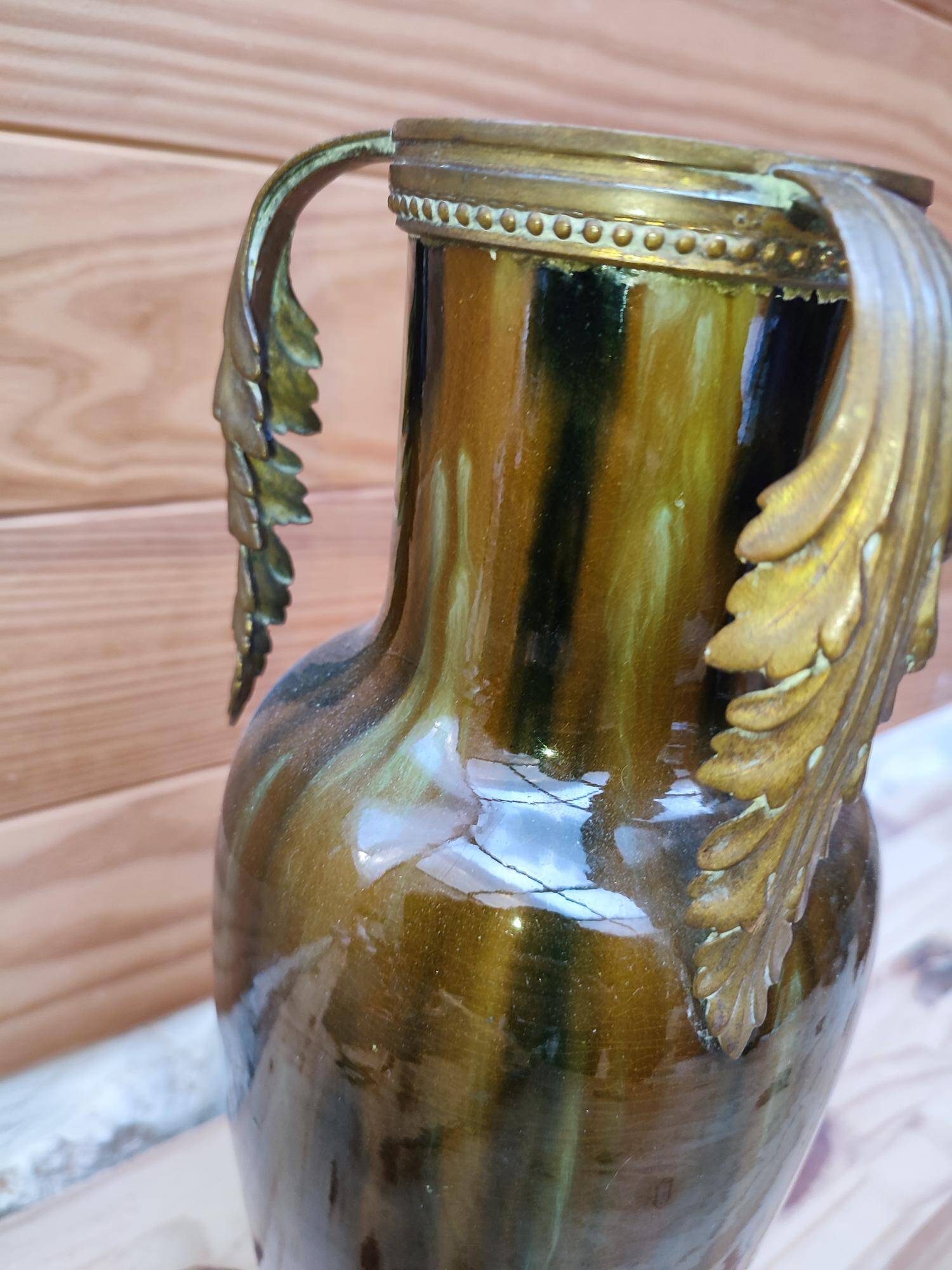 Ceramic vase with dripping in the style of jerome massier or belgian work with bronze handles