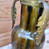 Ceramic vase with dripping in the style of jerome massier or belgian work with bronze handles