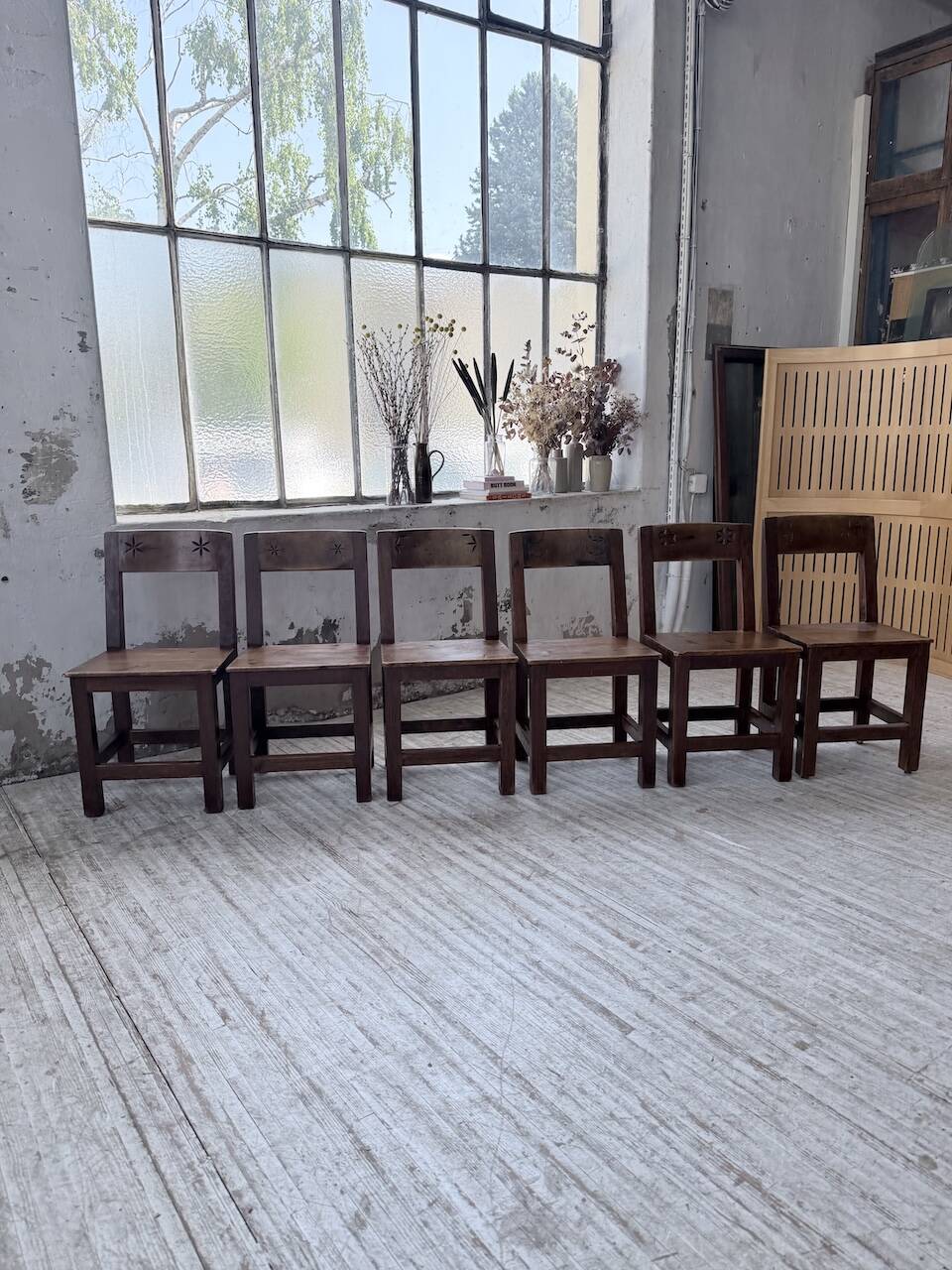 Set of 4 Savoyard pine folk art chairs from the 1950s.