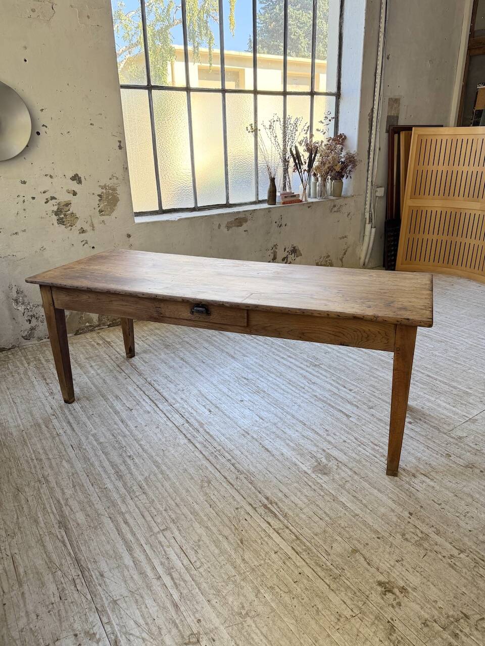 1950s pine and oak farmhouse table with multiple drawers