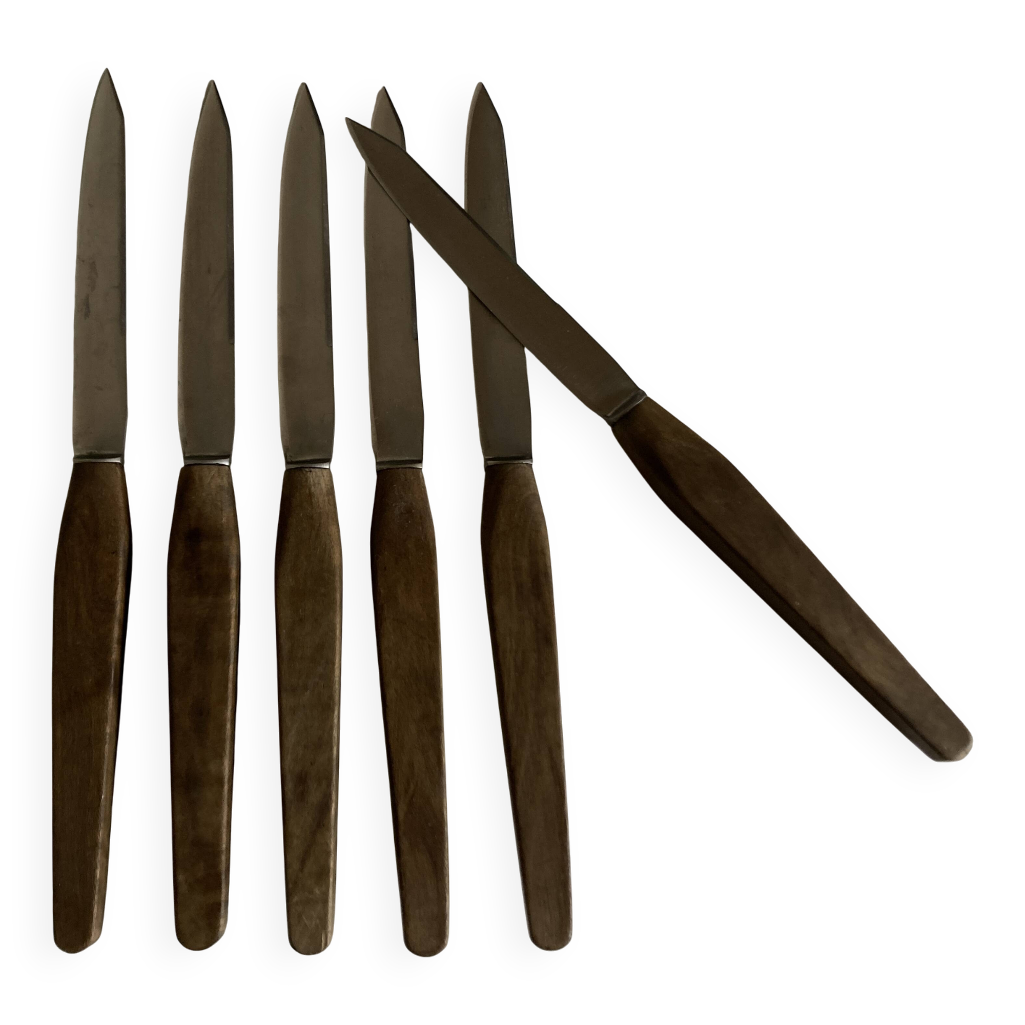 Set of 6 Scandinavian table knives, stainless steel blade, teak handle.