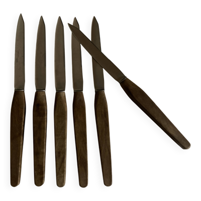 Ser de 6 couteaux de table scandinaves, lame inox, manche de teck.