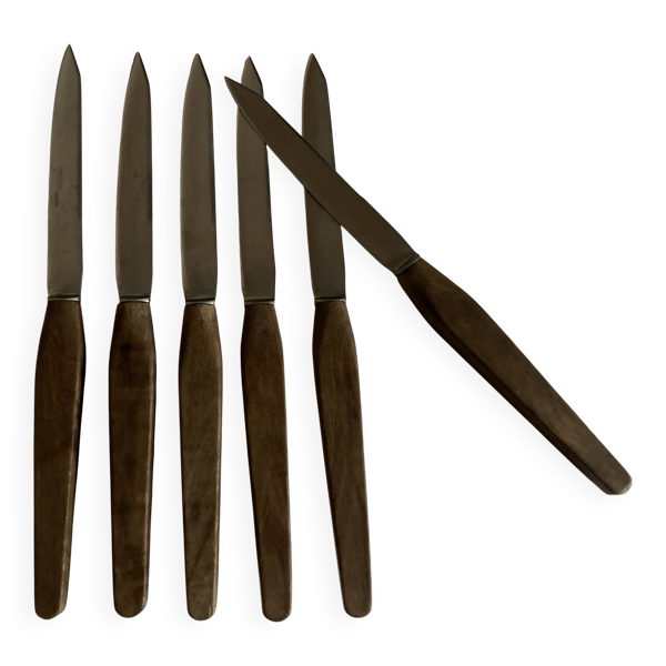 Ser de 6 couteaux de table scandinaves, lame inox, manche de teck.