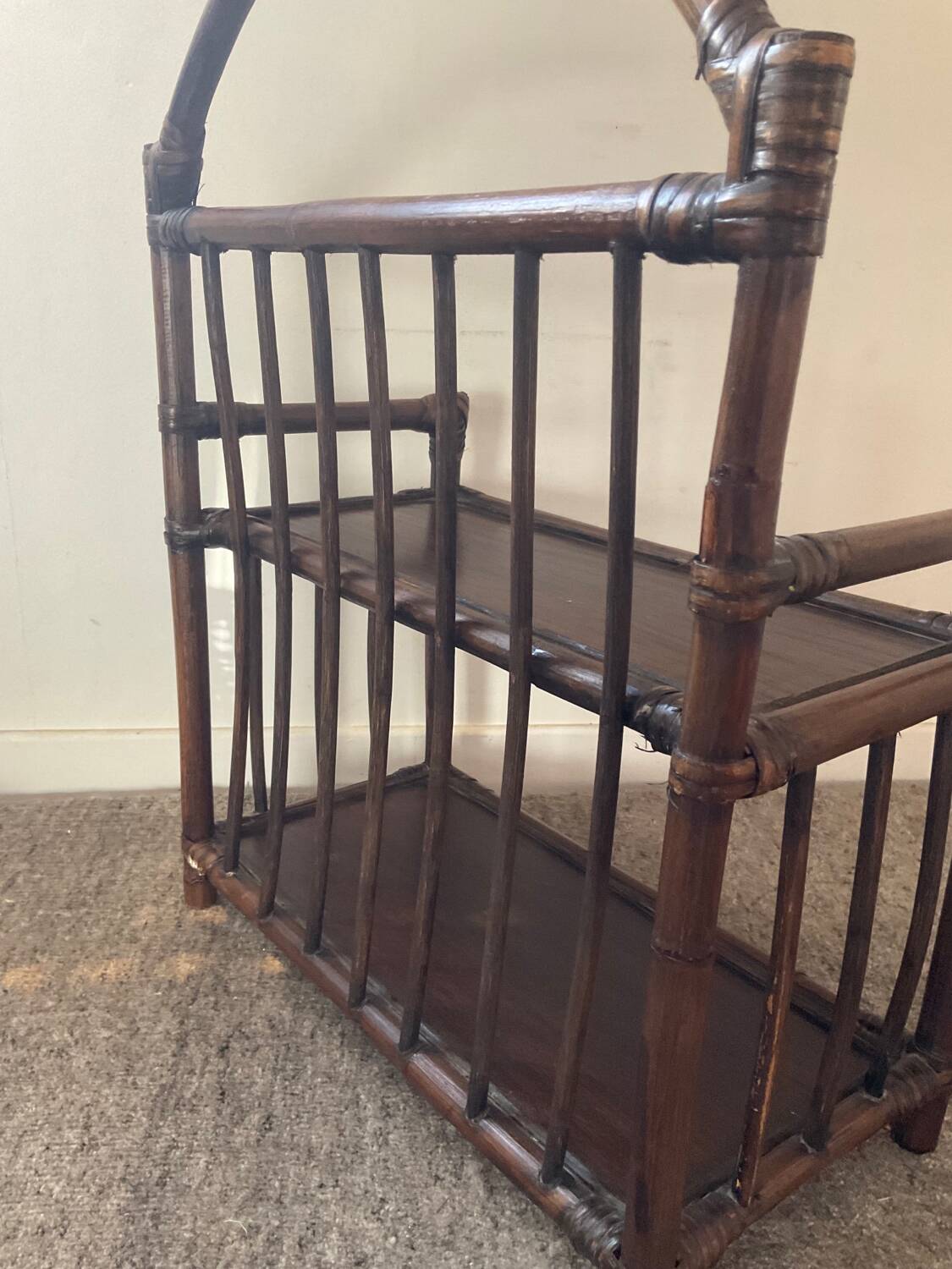 Vintage rattan and wood shelf from the 70s