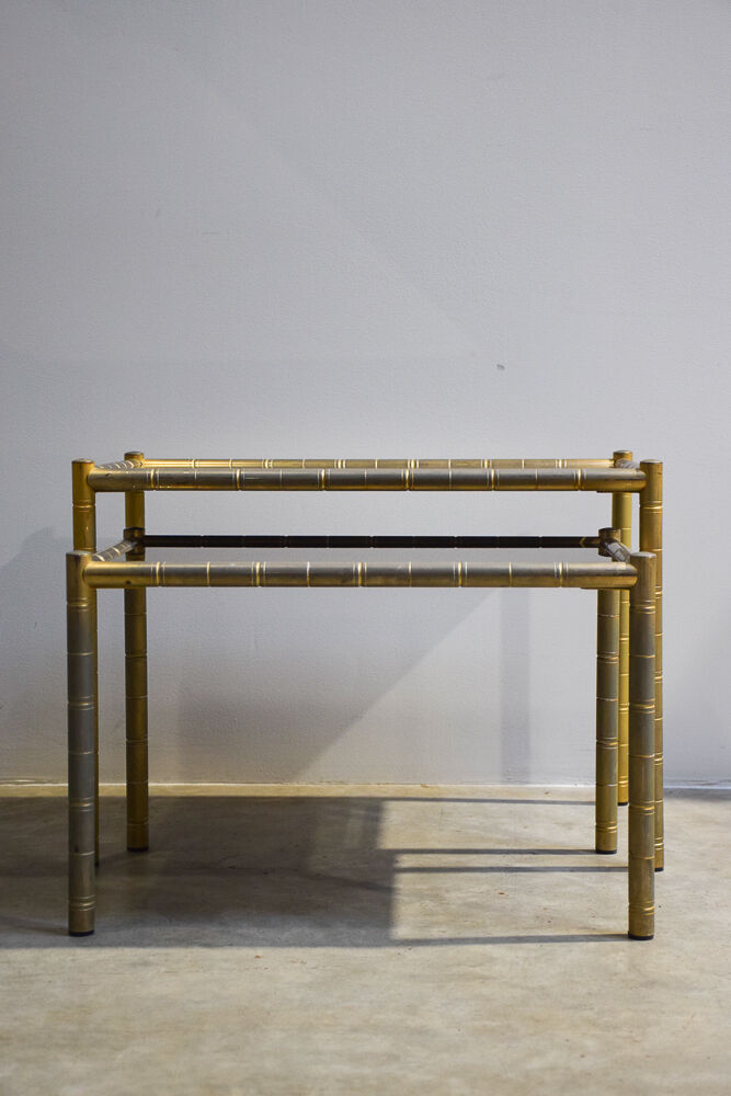 Pair of brassed coffee tables bamboo vintage 1970'