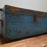 Old wooden trunk with blue patina