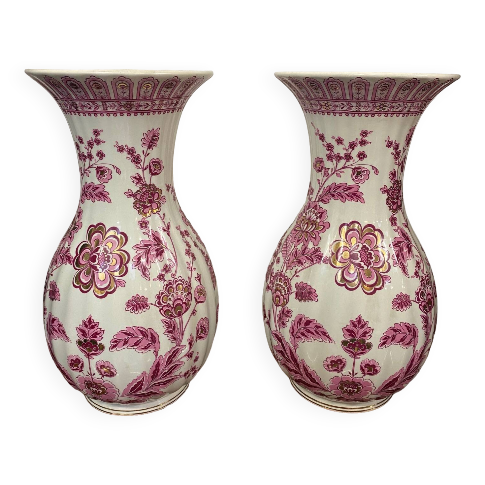 Pair of chinese pattern pink vases italian porcelain 1970s signed fg