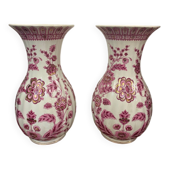 Pair of chinese pattern pink vases italian porcelain 1970s signed fg