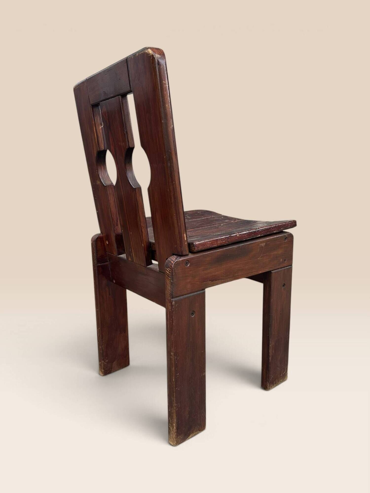 Set of five brutalist chairs in solid pine.