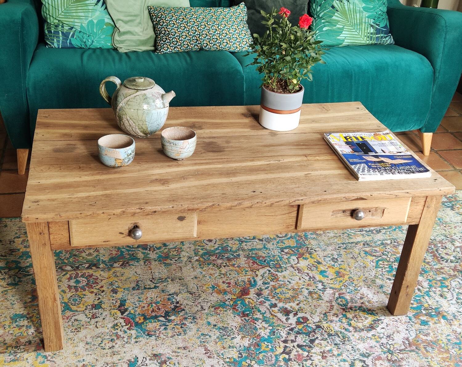 Vintage solid oak farmhouse coffee table 113x64