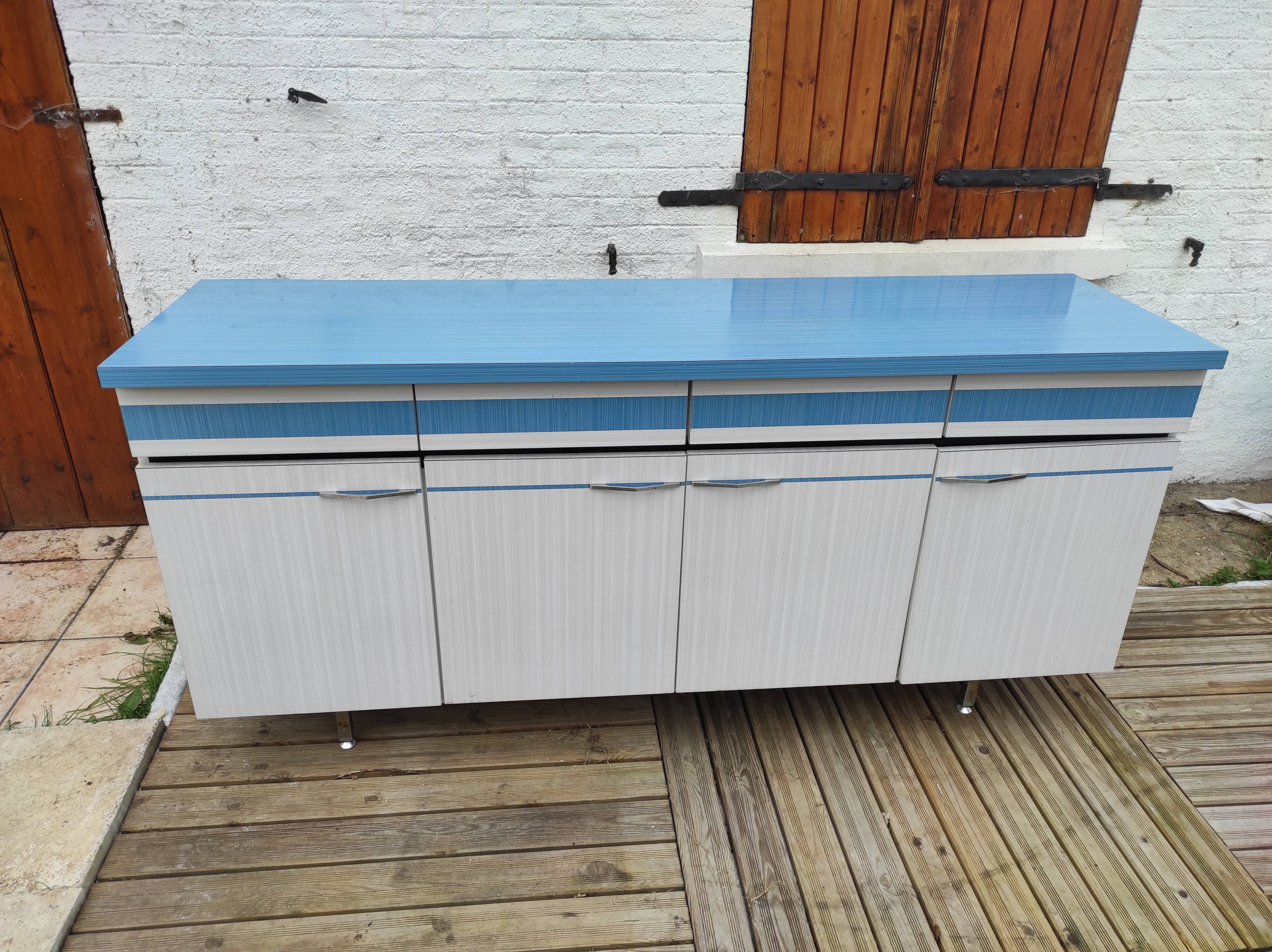 Kitchen cabinet in blue formica 4 doors 4 drawers