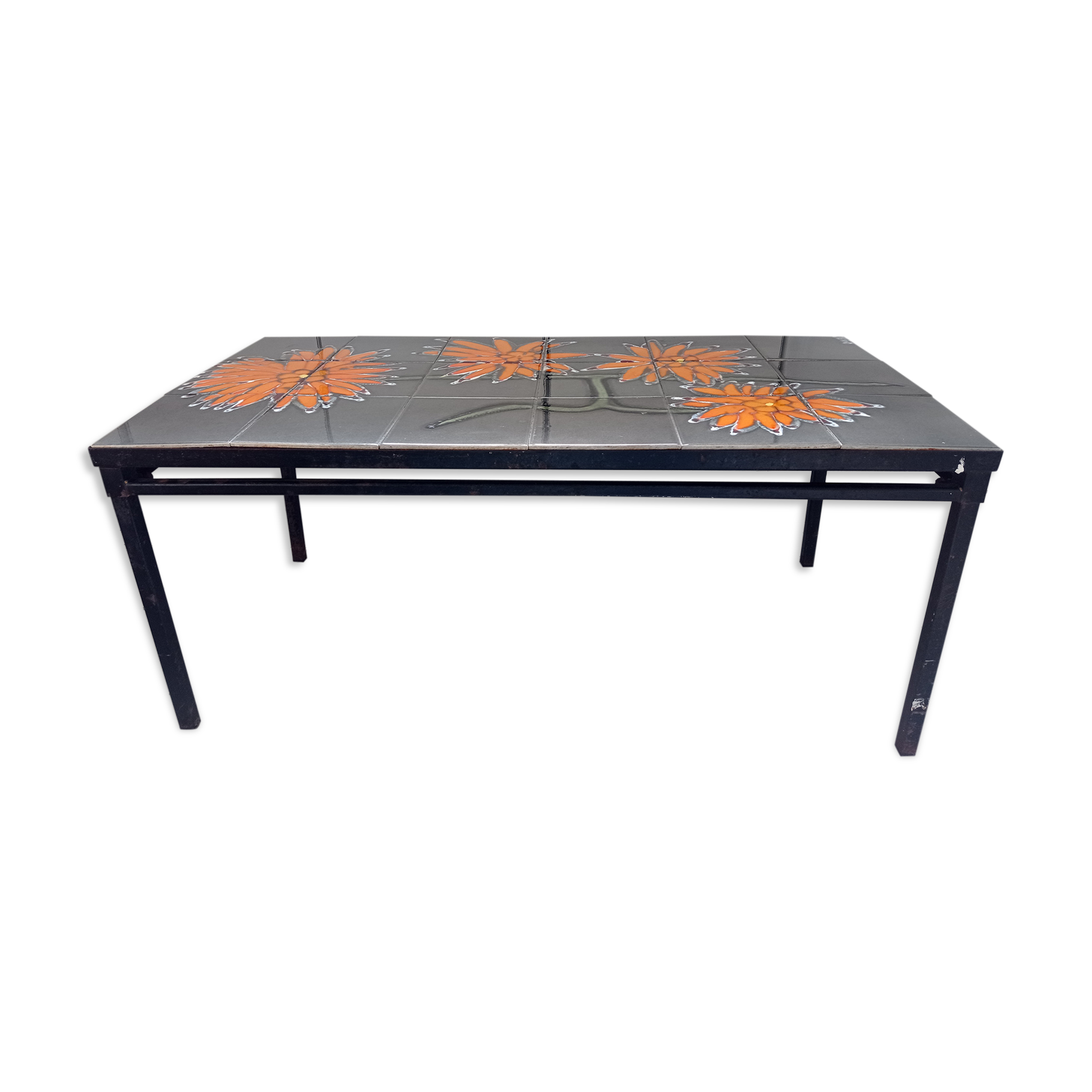 Coffee table vintage ceramist adri ceramic and metal vallauris dahlias 1960