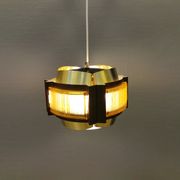 Danish hanging lamp, made in brass colored and brown metal, with yellowish hard pressed plastic deta