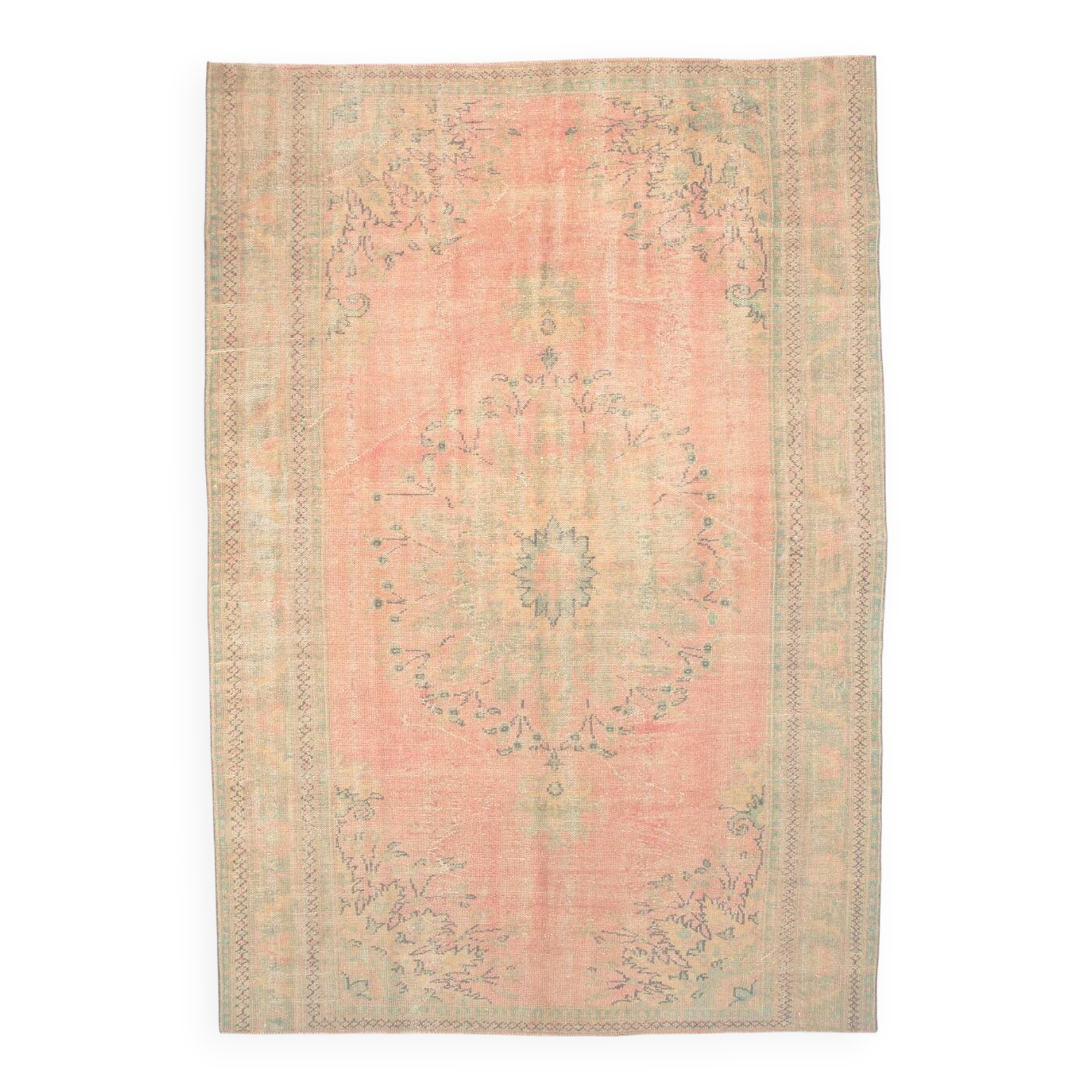 Tapis d’Anatolie ancien tons pastel rose poudré et vert, 231x330 Cm