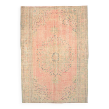 Tapis d’Anatolie ancien tons pastel rose poudré et vert, 231x330 Cm