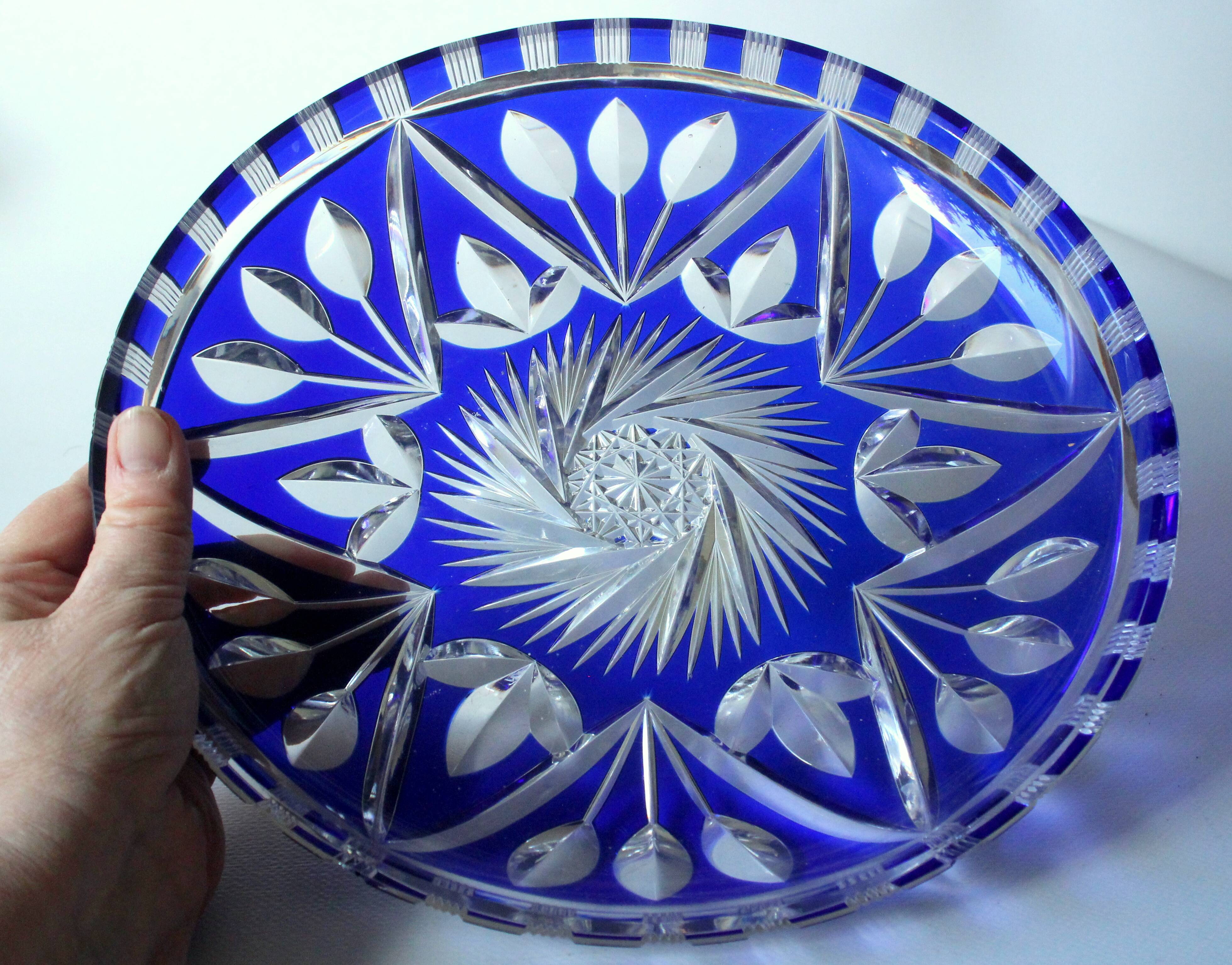 Bohemian crystal glass bowl - cobalt blue  hand cut to clear engraved glass