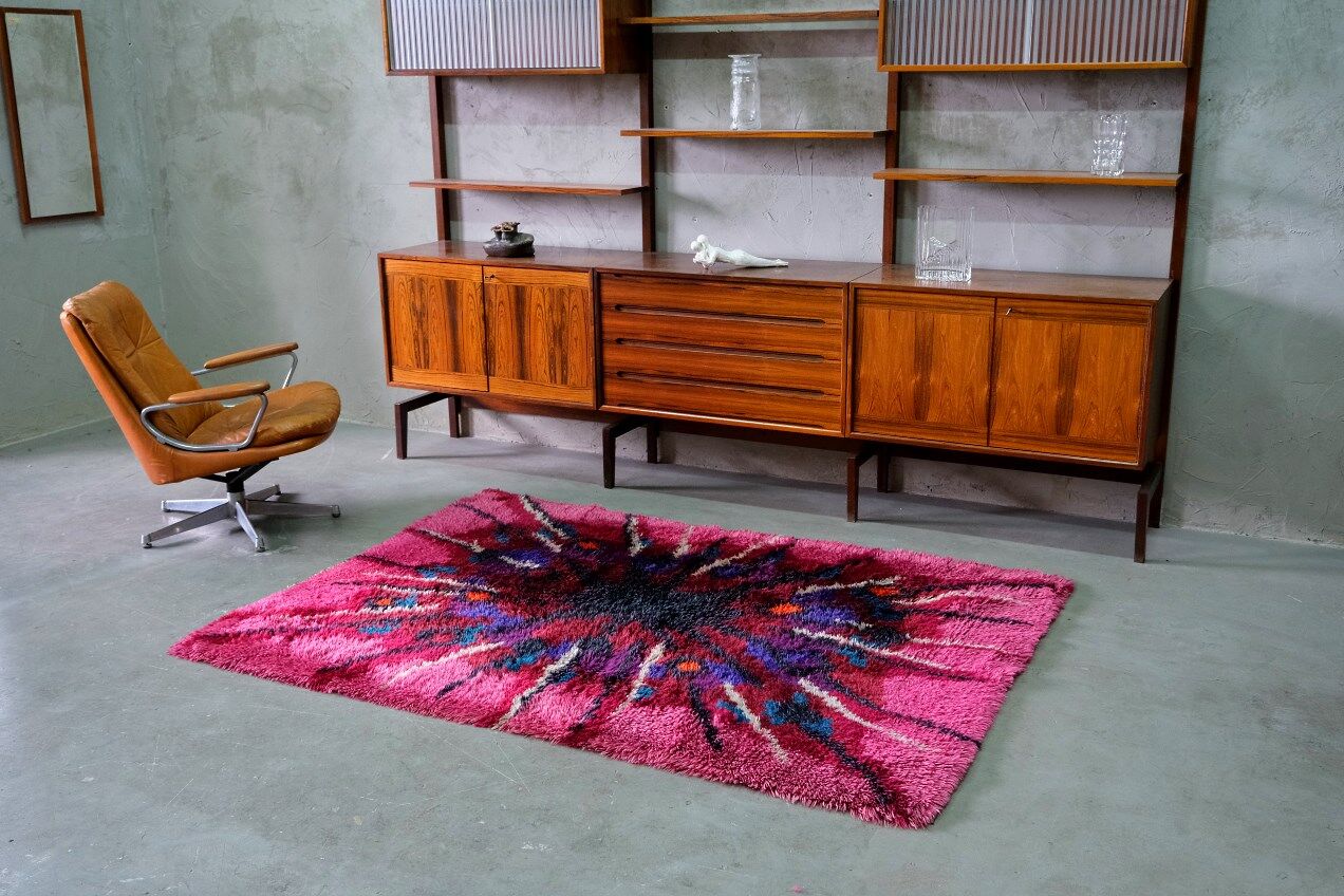 Abstract Scandinavian  Hand-Knotted High Pile Rya Rug Carpet, Sweden, 1960s