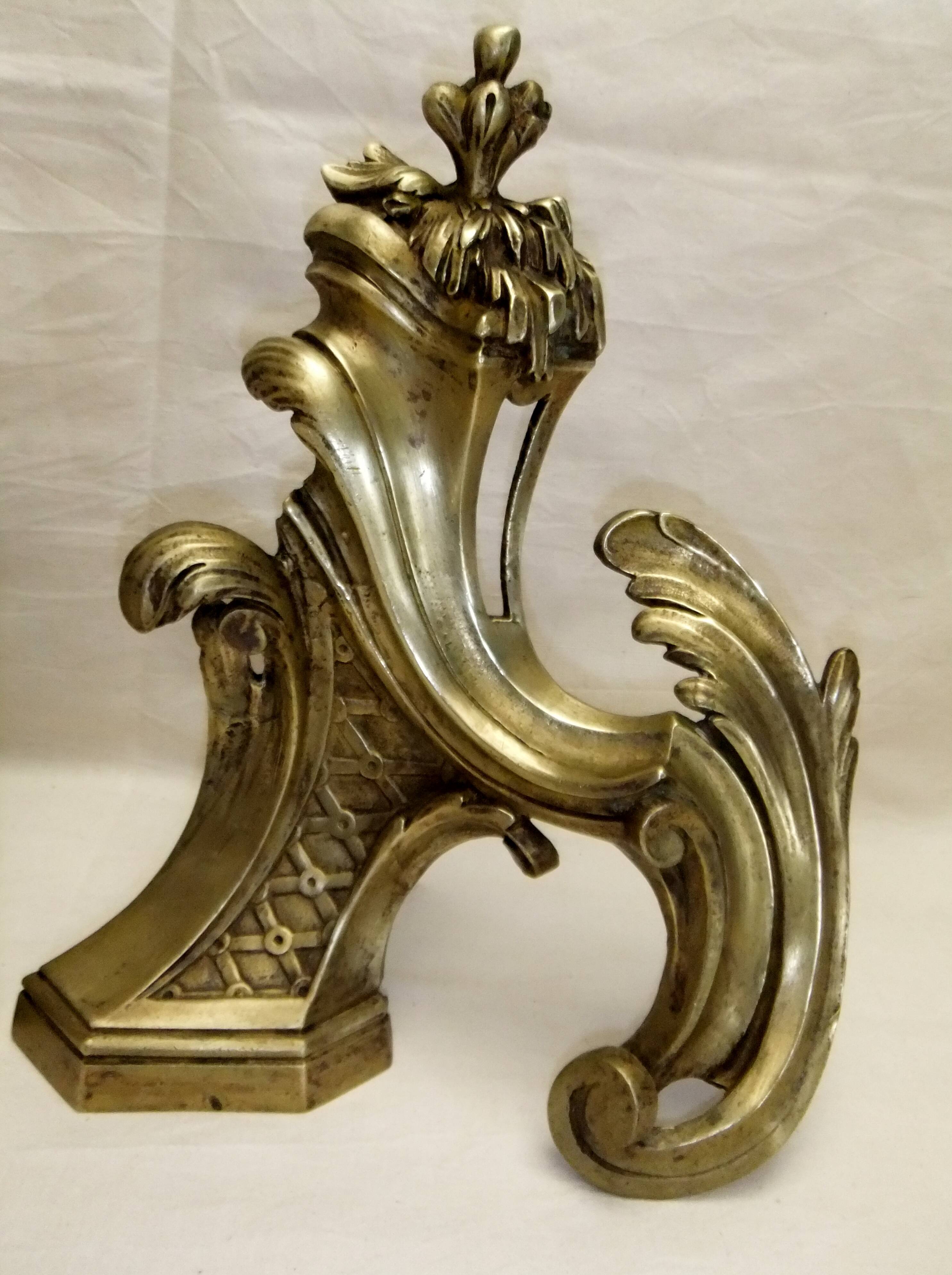 Old bronze andiron pair XVIII decor leaf accessory fireplace trim