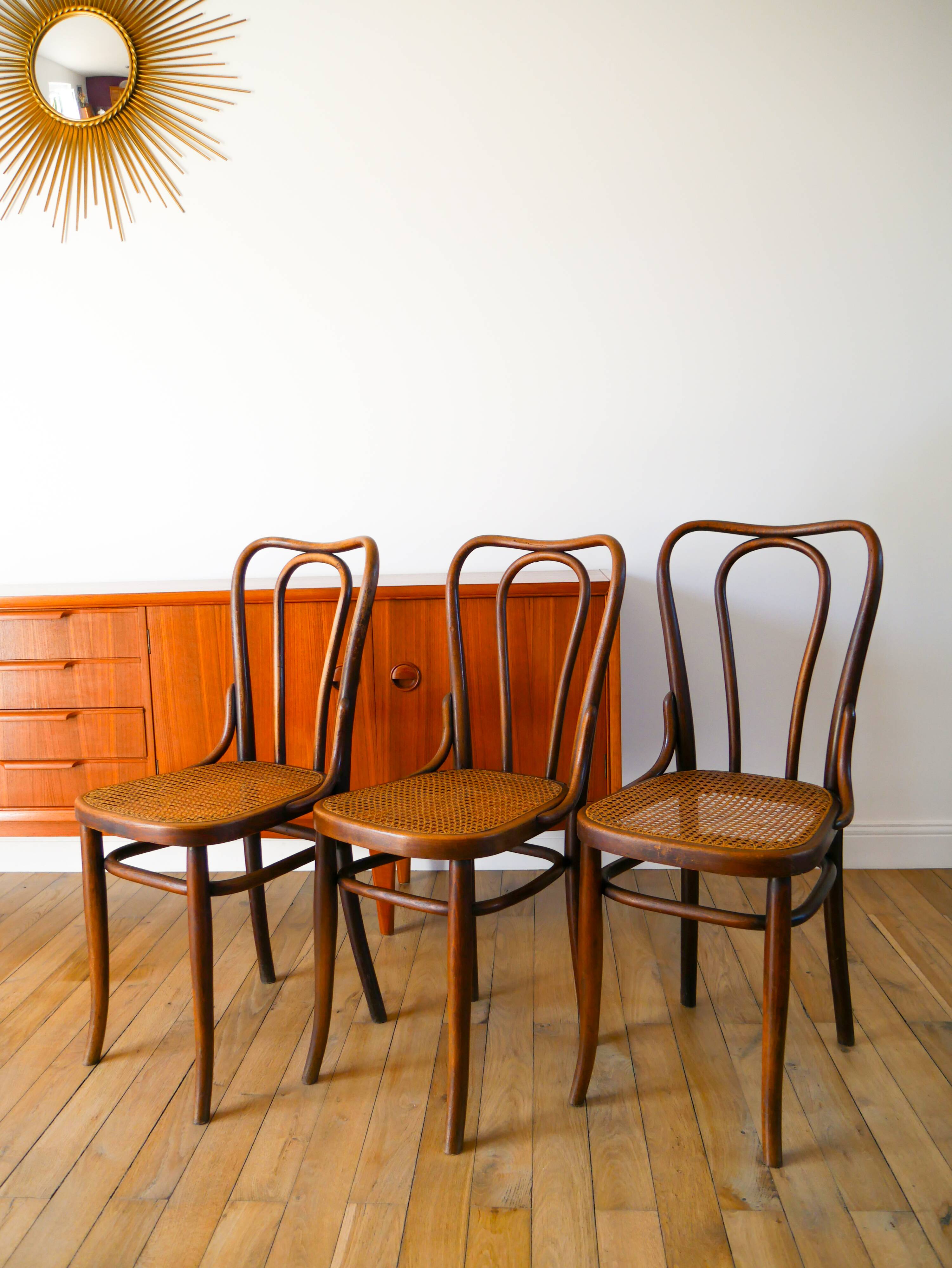 Set of 3 bistro chairs in wood and canework signed J. Kohn, Made in Austria, 20th century