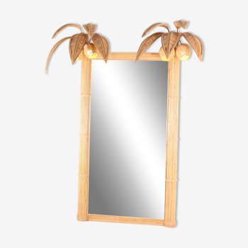Double illuminated coconut/palm rattan mirror