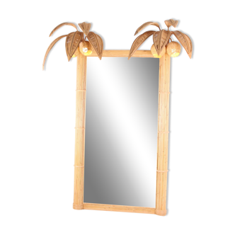 Double illuminated coconut/palm rattan mirror