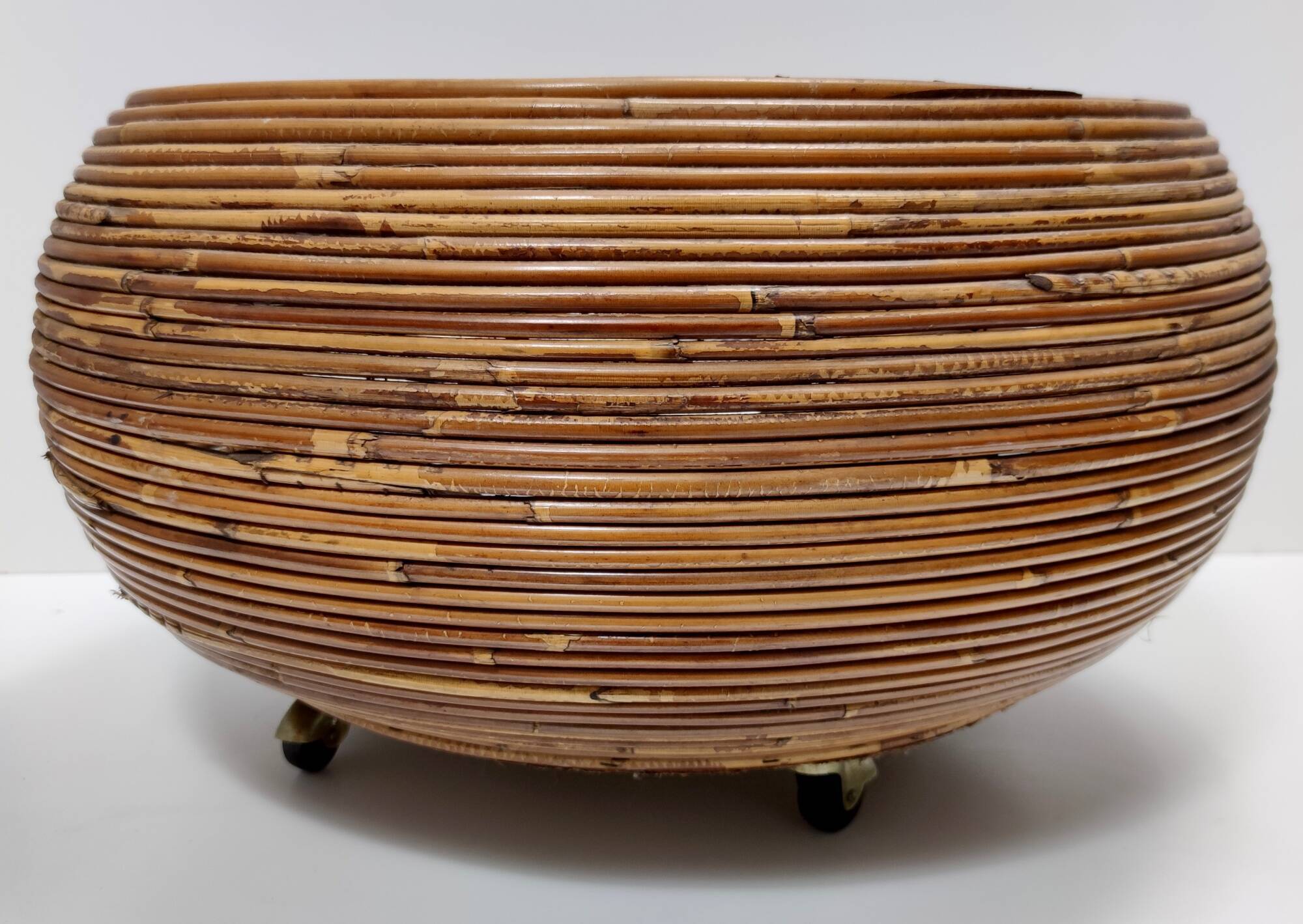 Postmodern Round Wicker and Beech Cachepot / Magazine Rack with Casters, Italy