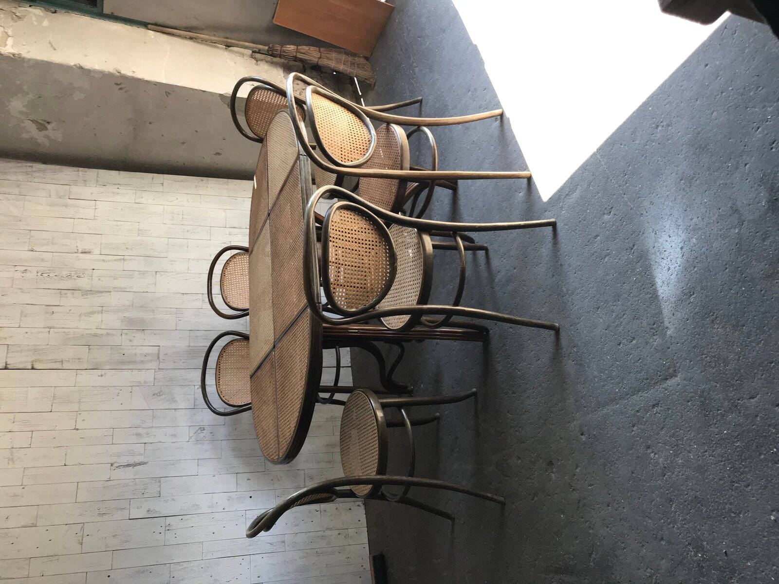 Brown Scandinavian wooden and cane set: 1960s table + 6 chairs (set of 7)