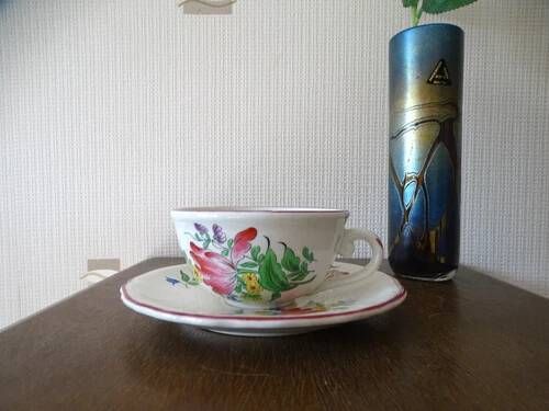 Kg luneville "street lamp" breakfast cup coffee tea earthenware flowers hand-painted - 1