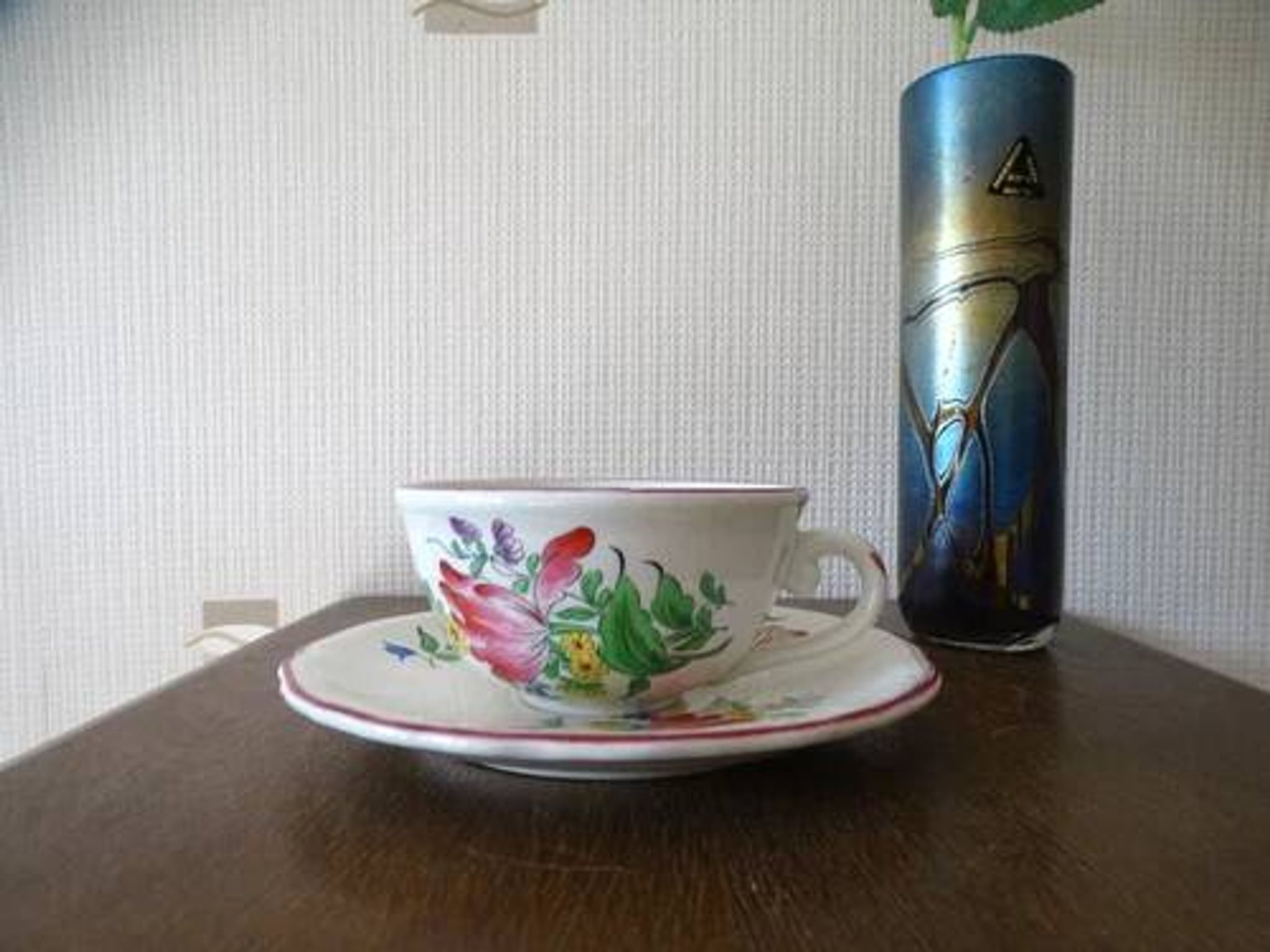 Kg luneville "street lamp" breakfast cup coffee tea earthenware flowers hand-painted - 1