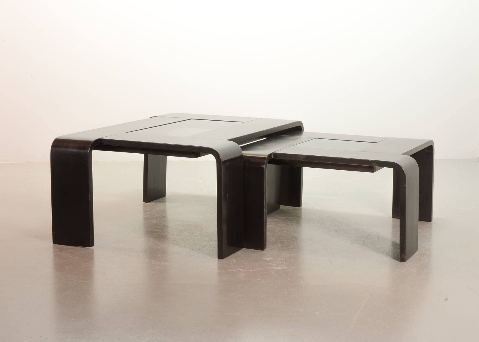 Rectangle Black Lacquered Plywood Coffee Table with Smoked Glass Panel 70s