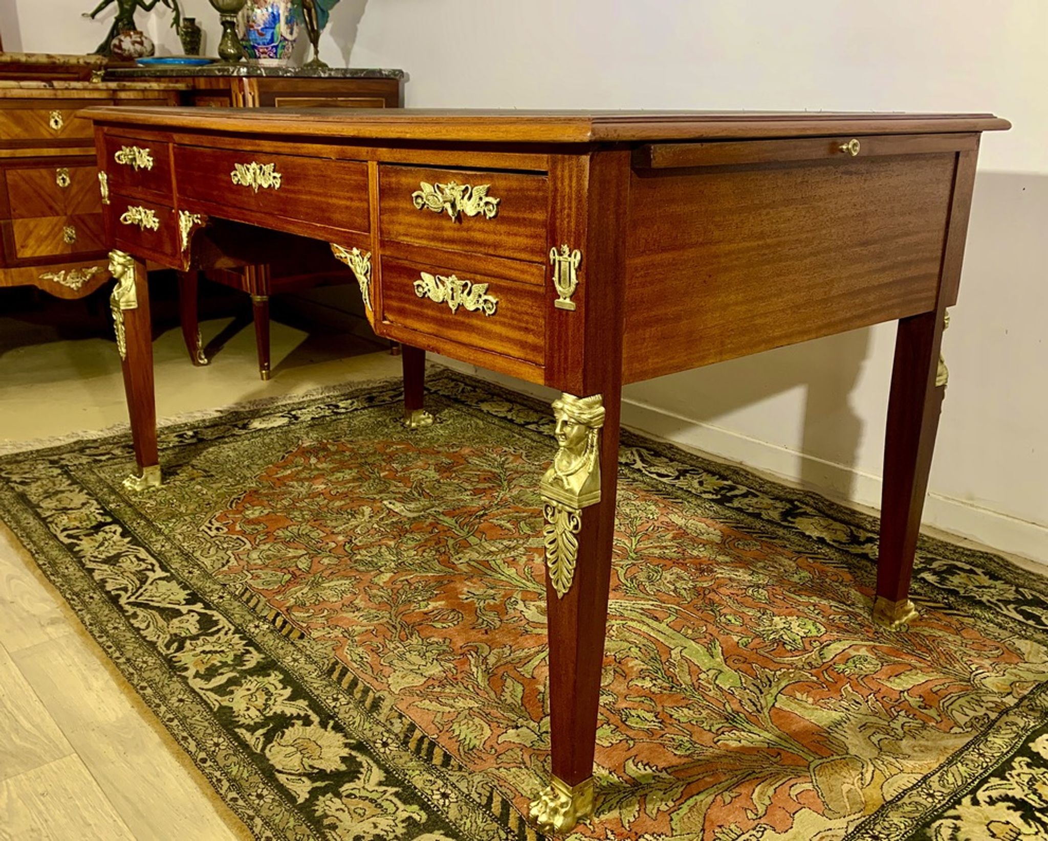 Empire style desk return from egypt double sided in mahogany and gilded bronzes year 1900