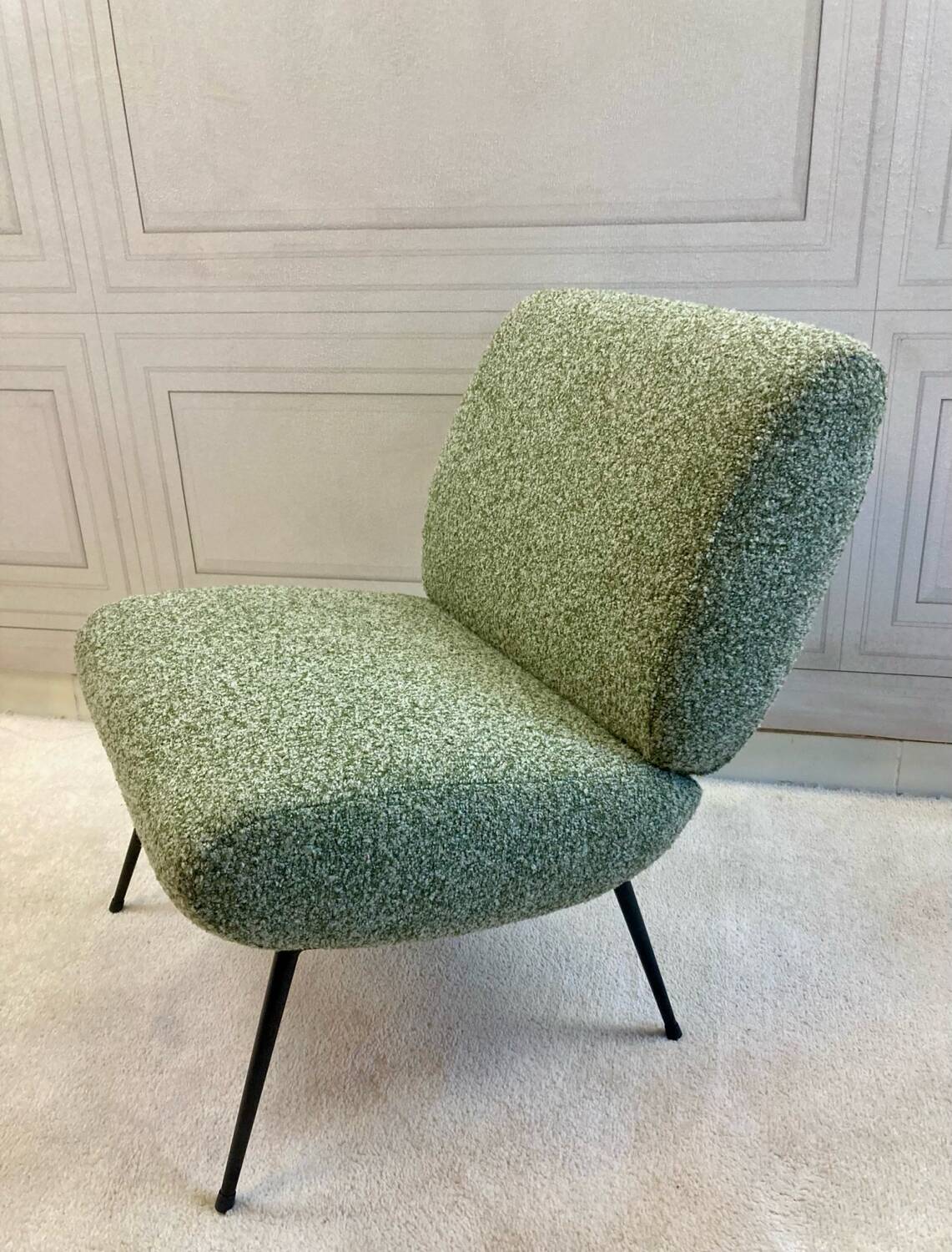 Chauffeuses vintage Kiss Pelfran rénovées – tissu bouclé vert