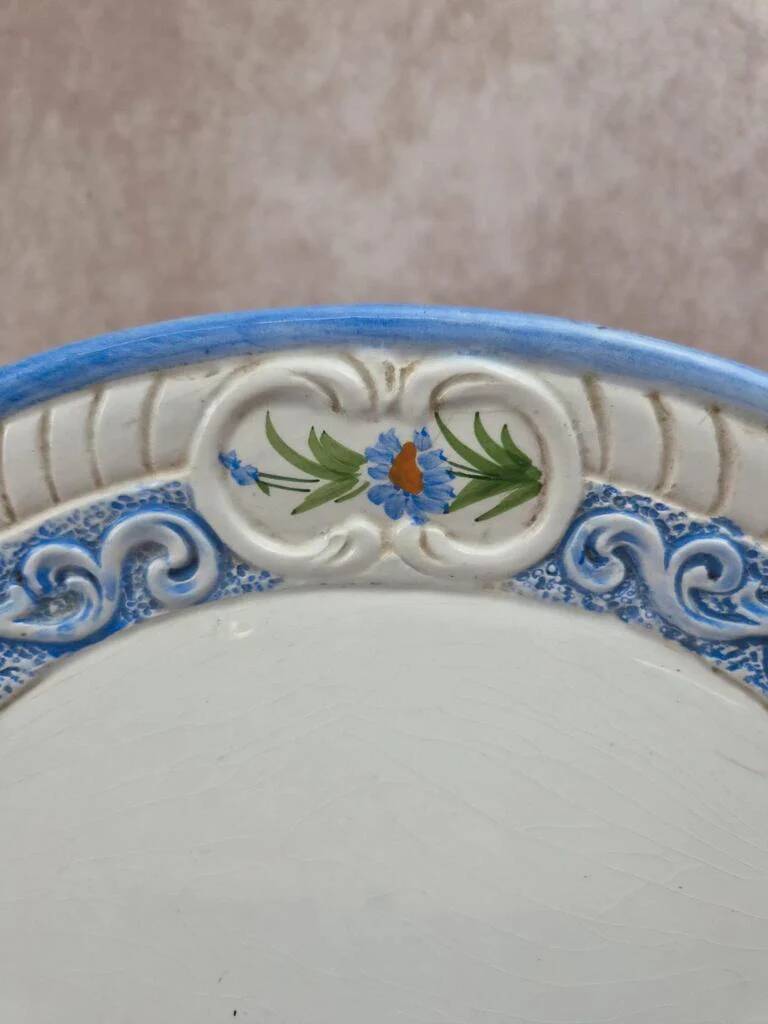Plat ovale vintage Bassano décor bleu fleuri relief