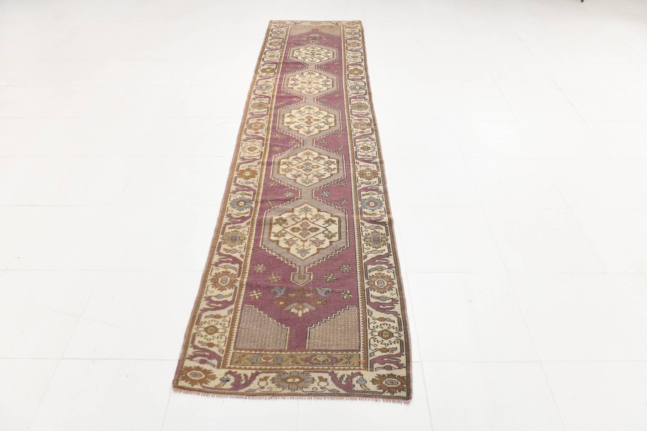 3x11 Plum & Beige Oriental Persian Runner Rug, 78x332Cm