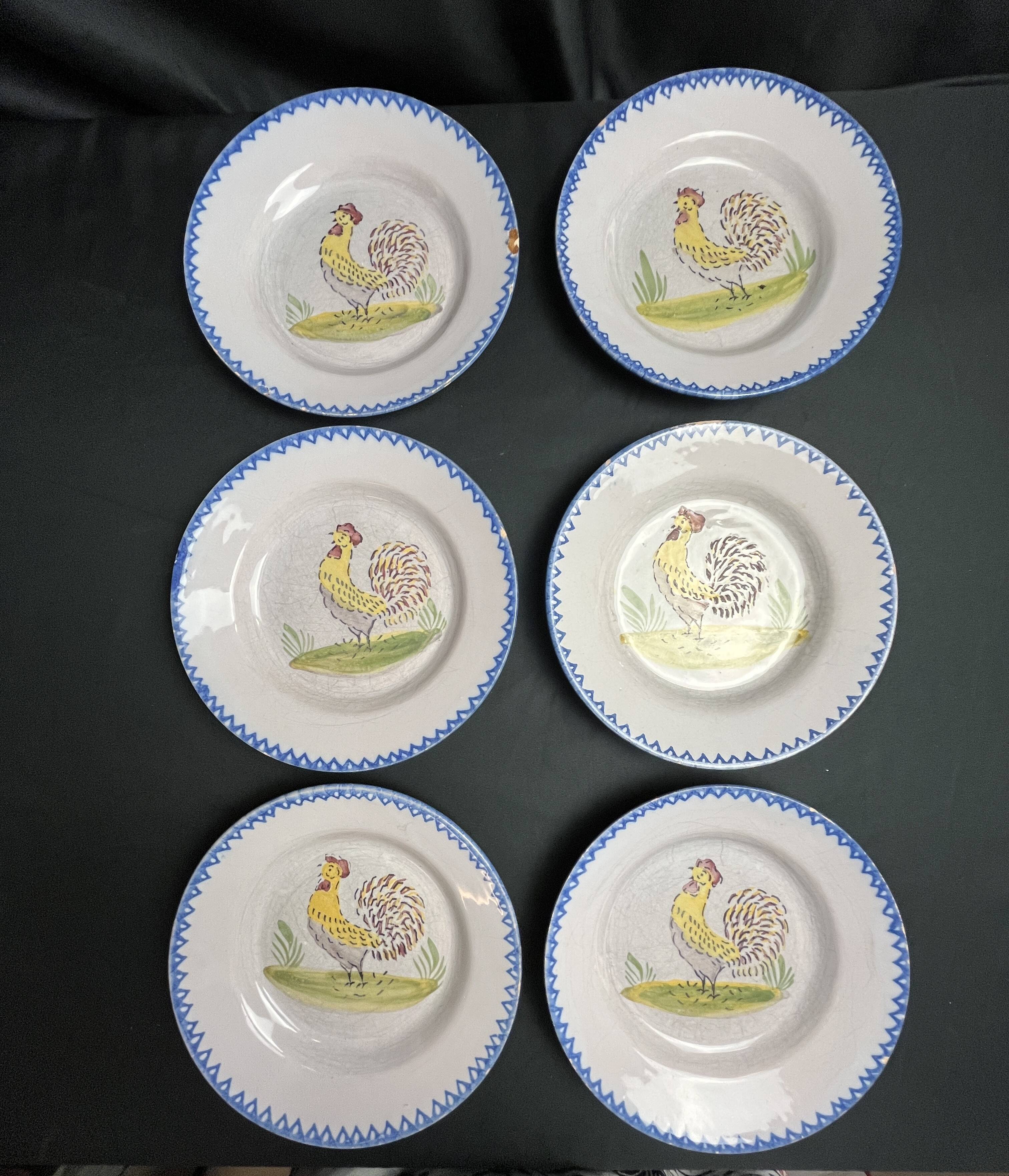 Série 6 assiettes faïence décor coq XXème