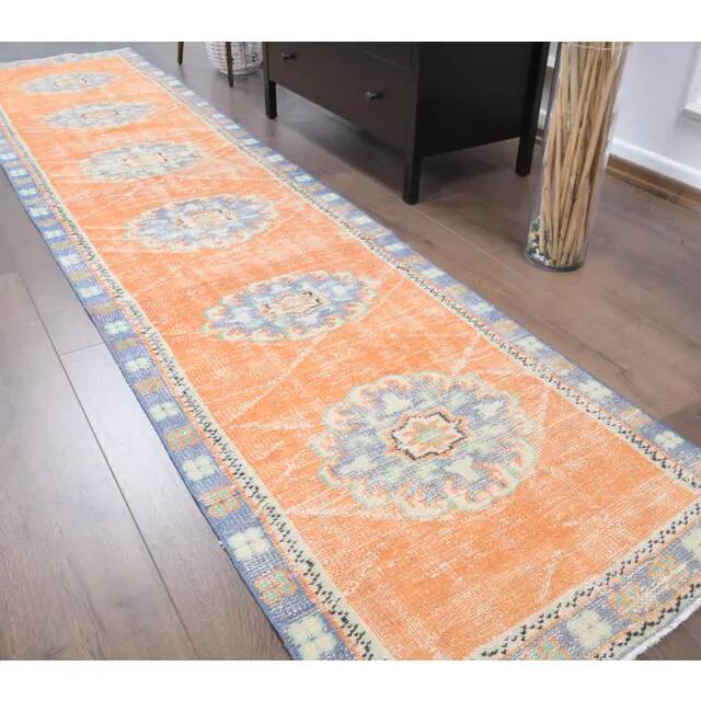 Vintage Turkish Oushak Handmade Wool Cotton Orange Runner 77x325
