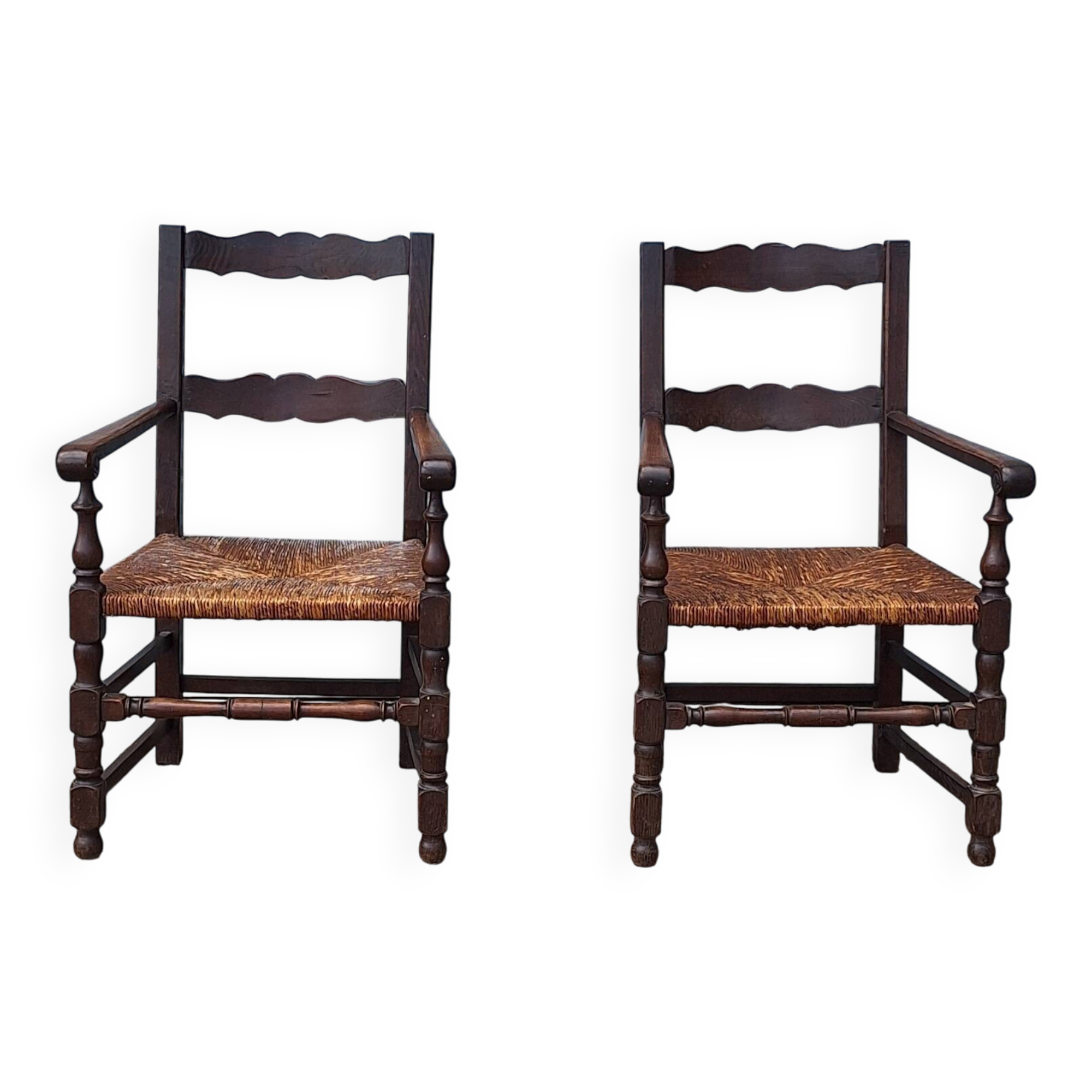 Pair of wooden and straw farmhouse armchairs