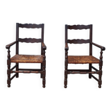 Pair of wooden and straw farmhouse armchairs