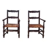 Pair of wooden and straw farmhouse armchairs