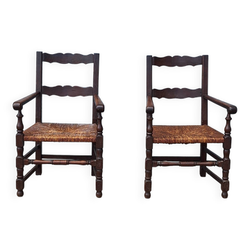 Paire de fauteuil de ferme en bois et paille