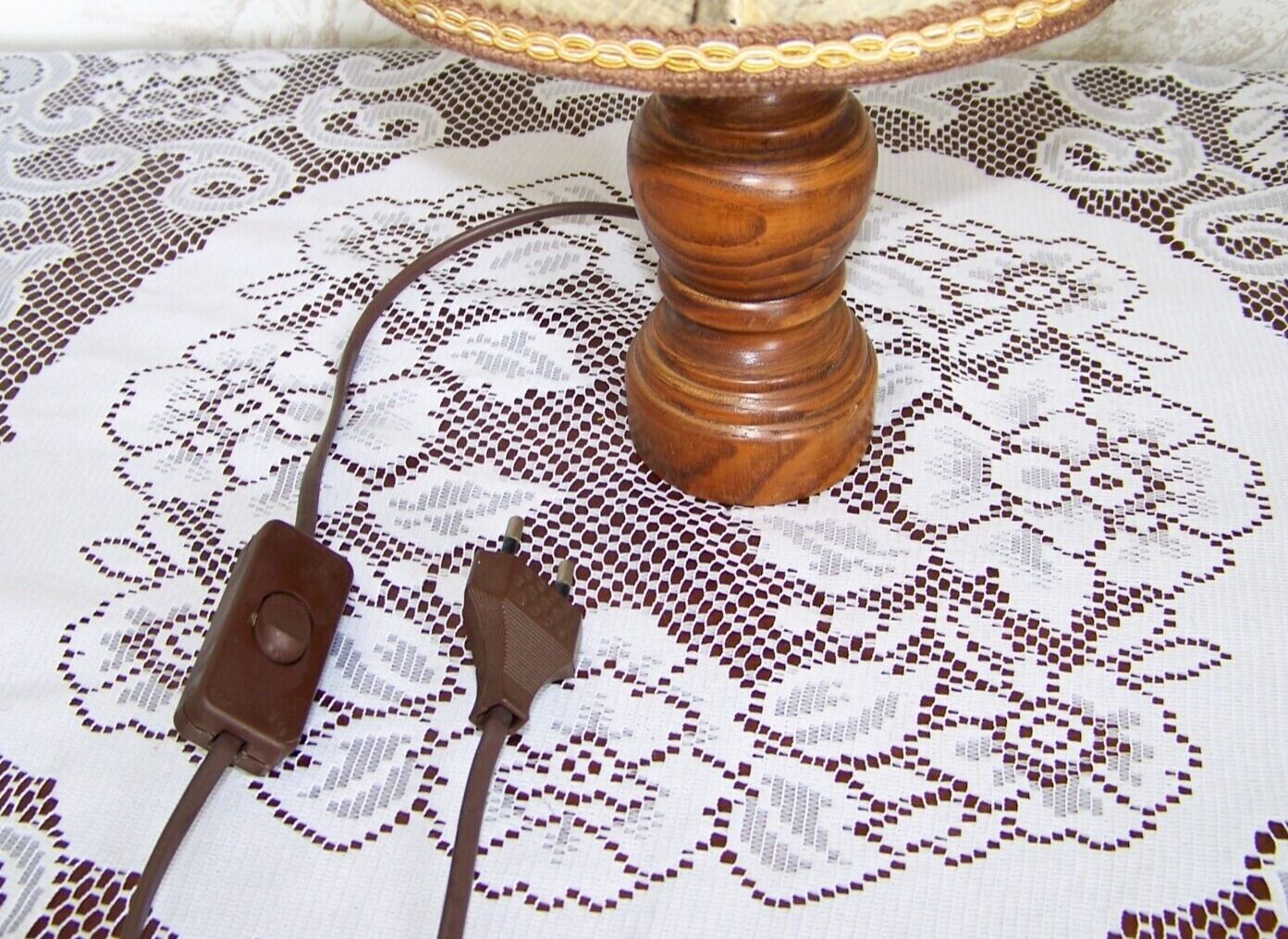 Small French Round Turned Wood Table Lamp With Hand Made Hide Skin Shade 4355