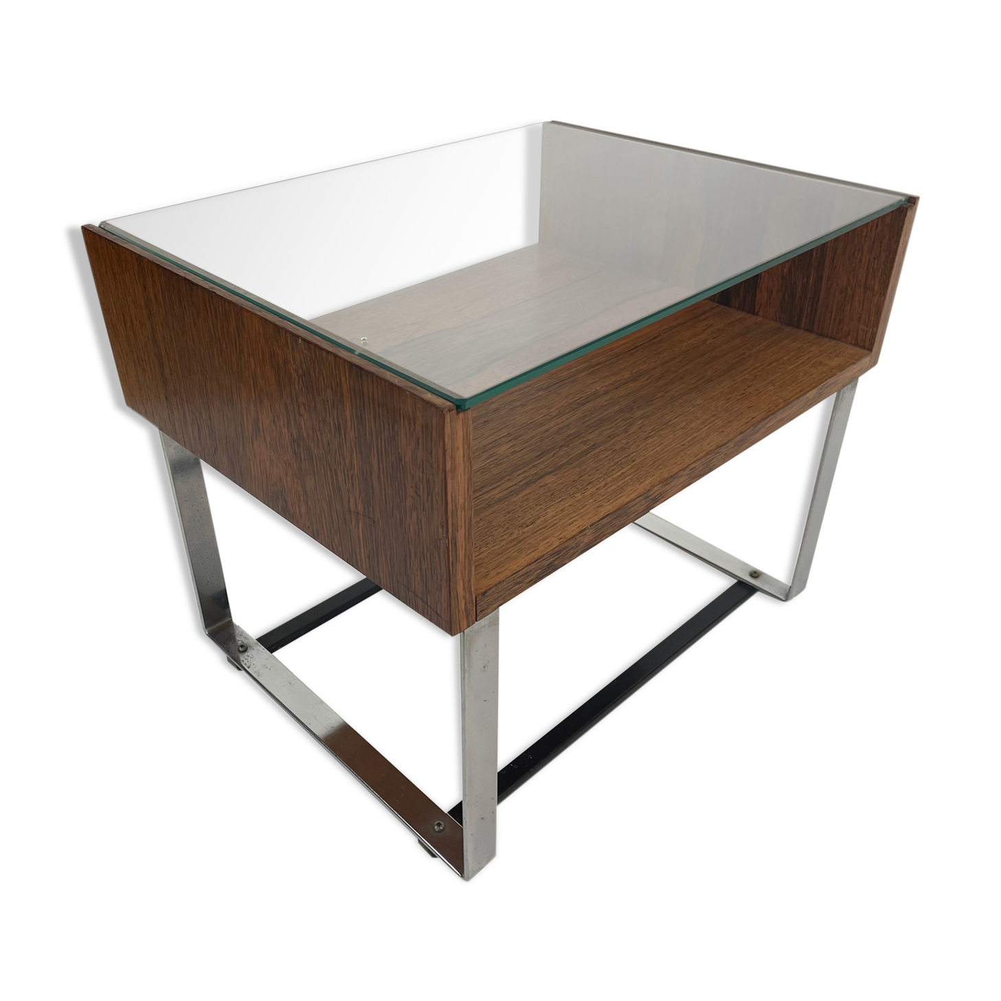 Table d'appoint vintage en palissandre verre chromé 1960 design