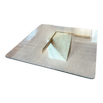 RARE* Travertine glass brass coffee table 110x110 – attributed to Artedi (Italy)