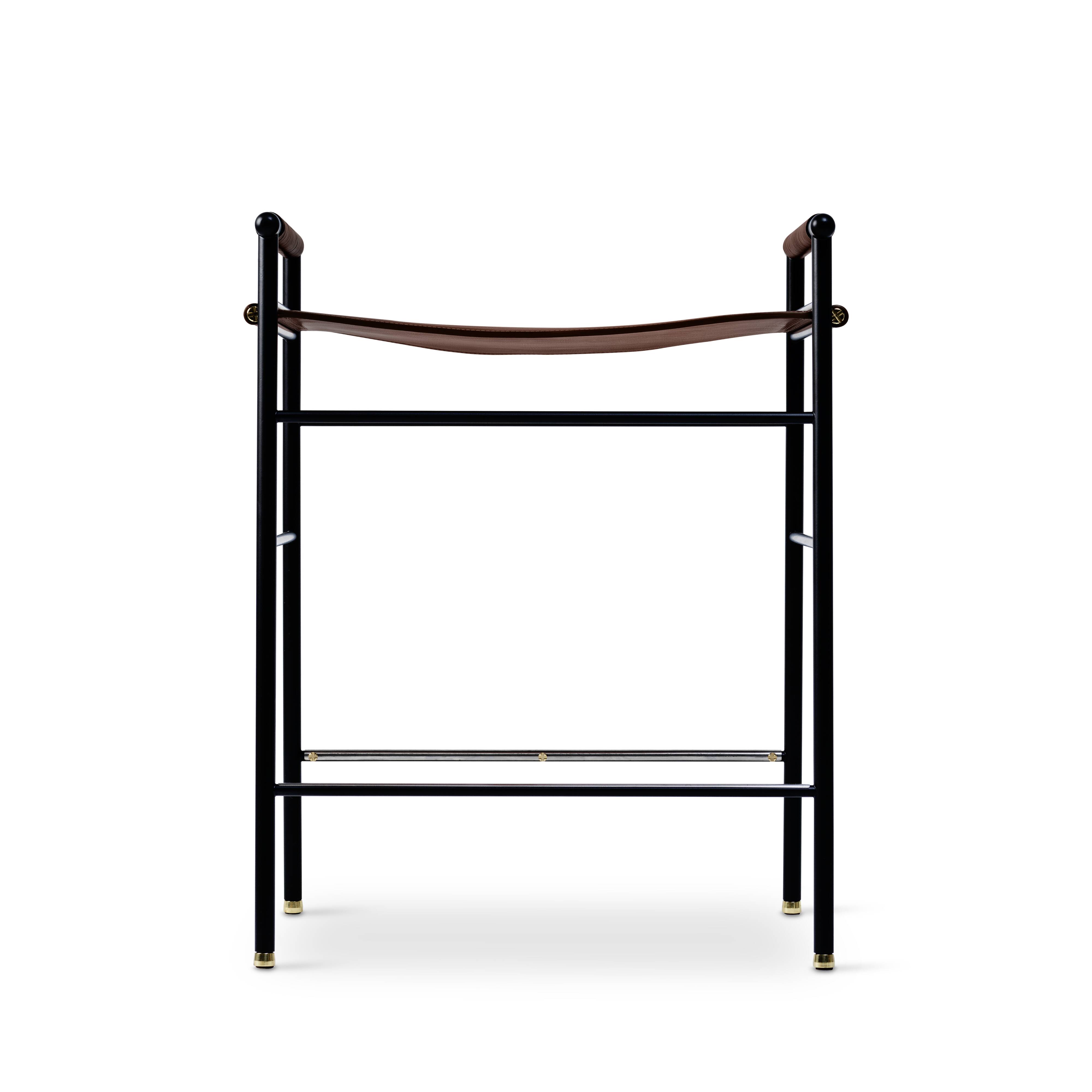 Set of 3 Contemporary Bar Stools in Dark Brown Leather and Black Metal Rubber.