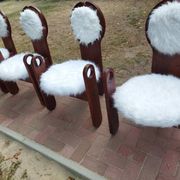 Set of 4 vintage dining chairs in brown pine and white fur by Szedleczky (1970s)