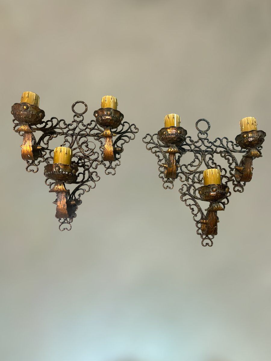 Pair of wrought iron sconces, 1980s