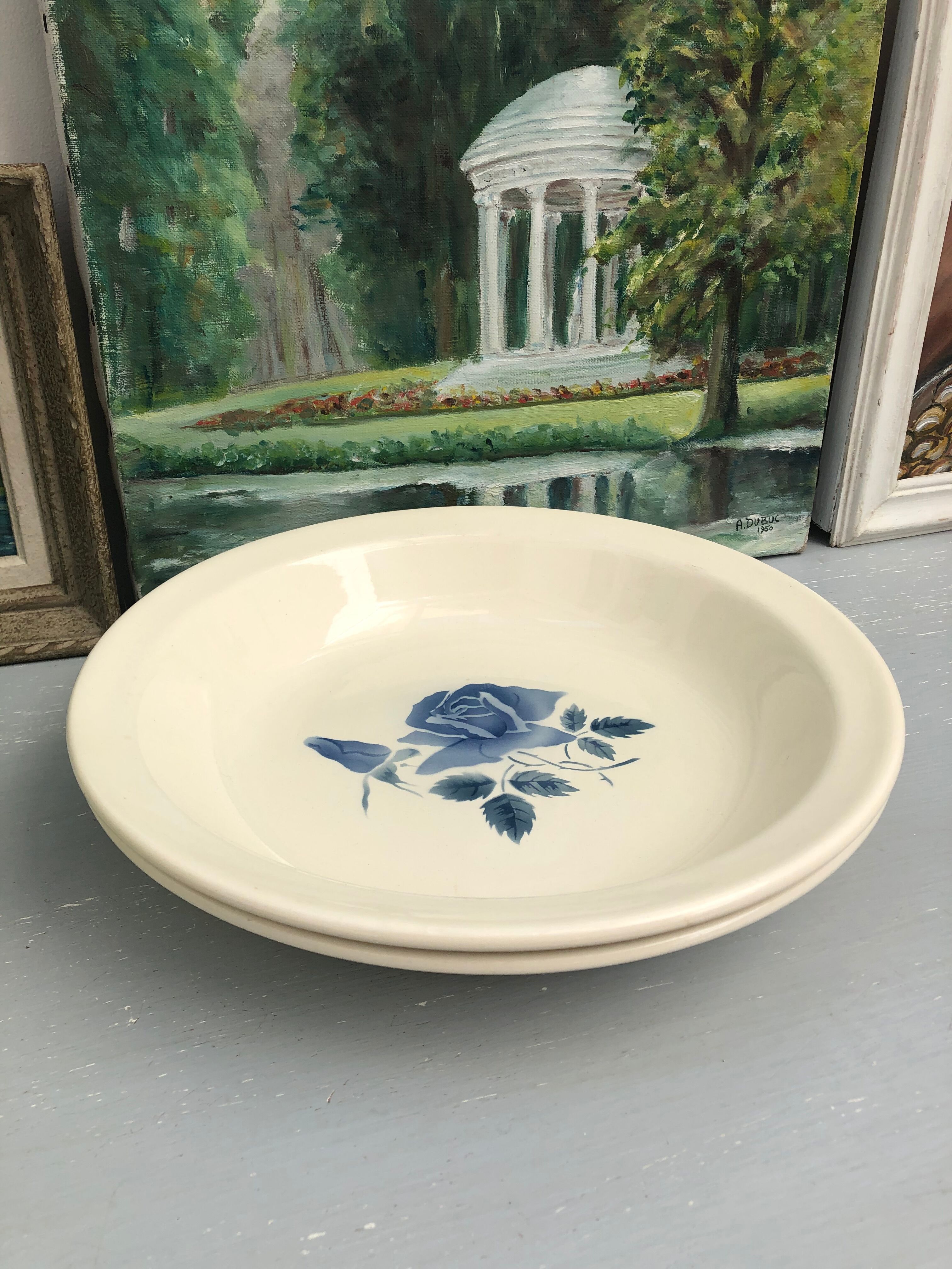 Set of 2 round dishes Sarreguemines Digoin France number 4 with blue pink floral decoration.