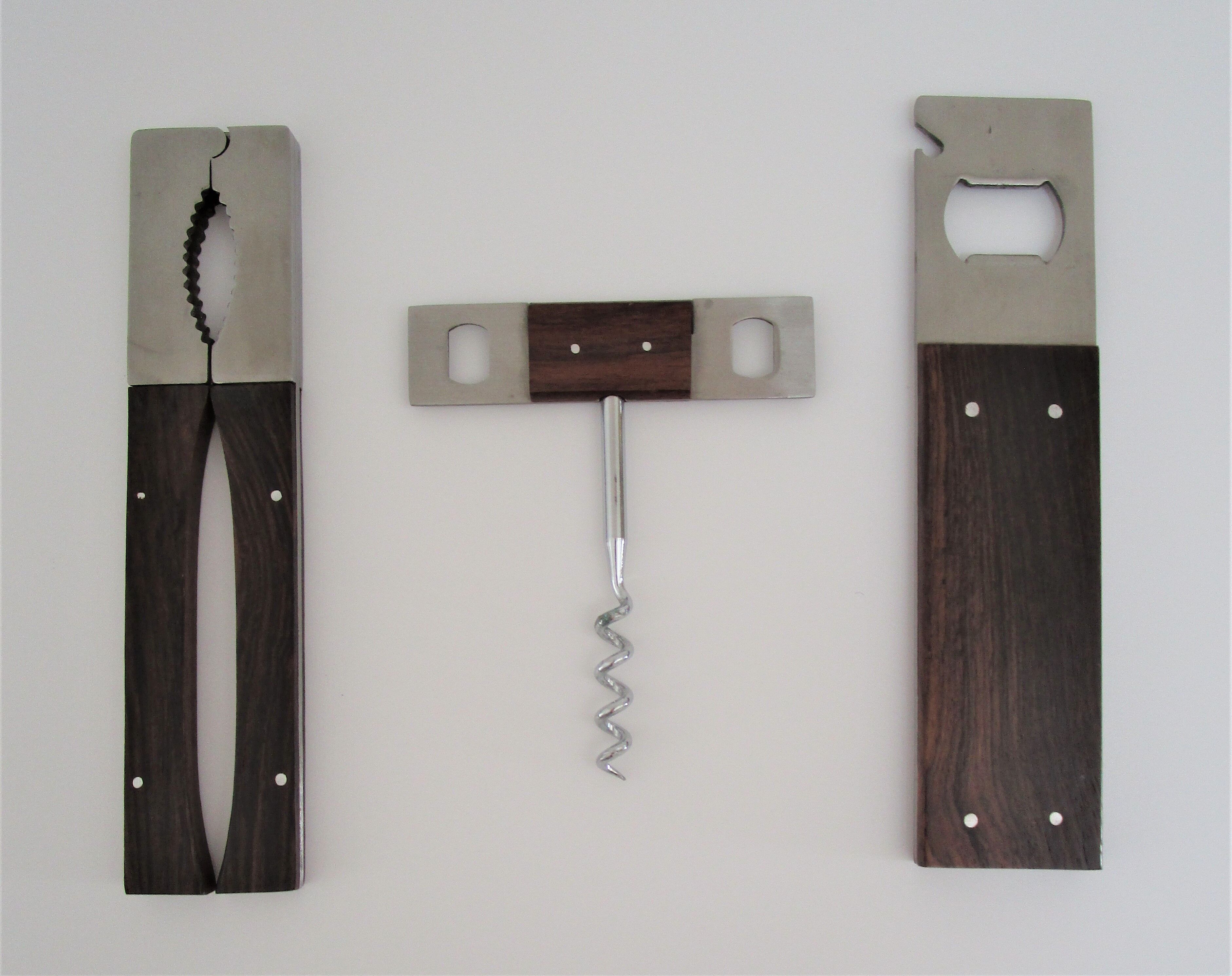 set rosewood stainless steel nutcracker corkscrew bottle opener design 70s Letang Remy
